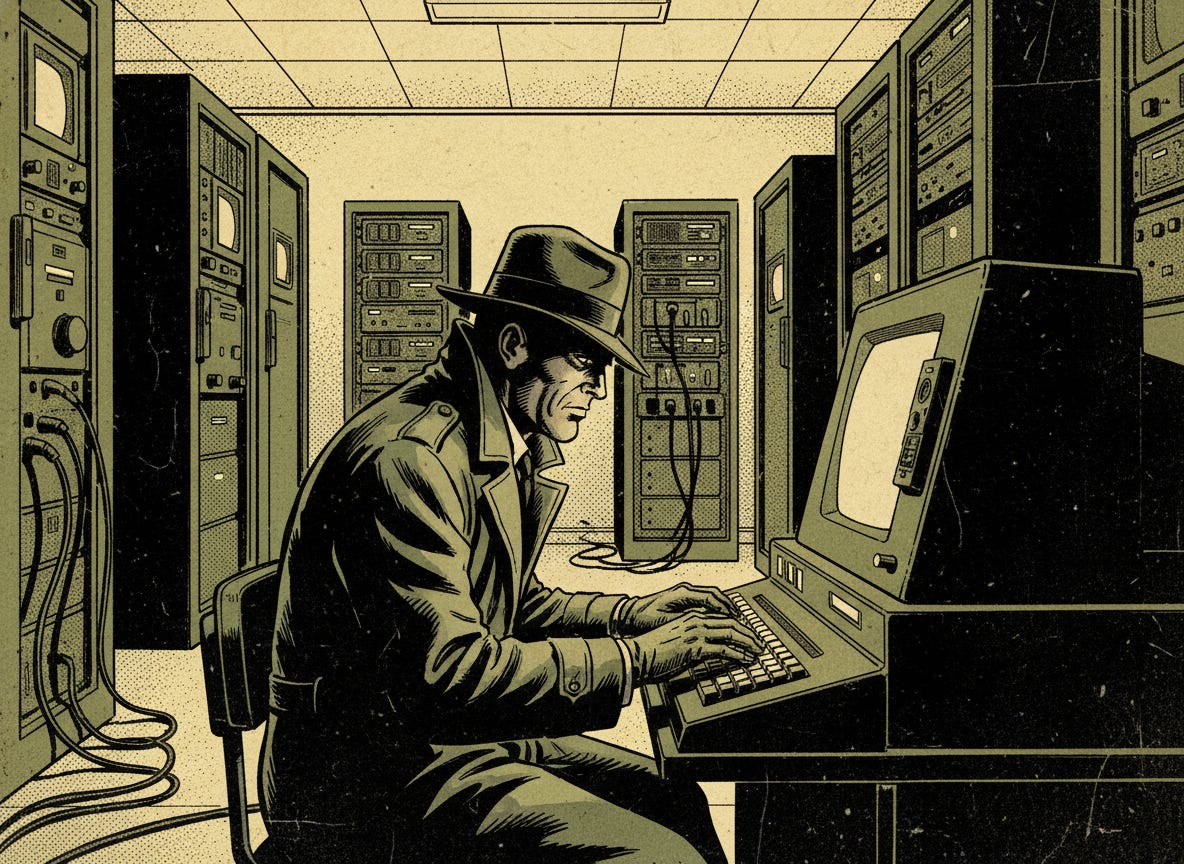 A spy operating an old computer in a large server room

