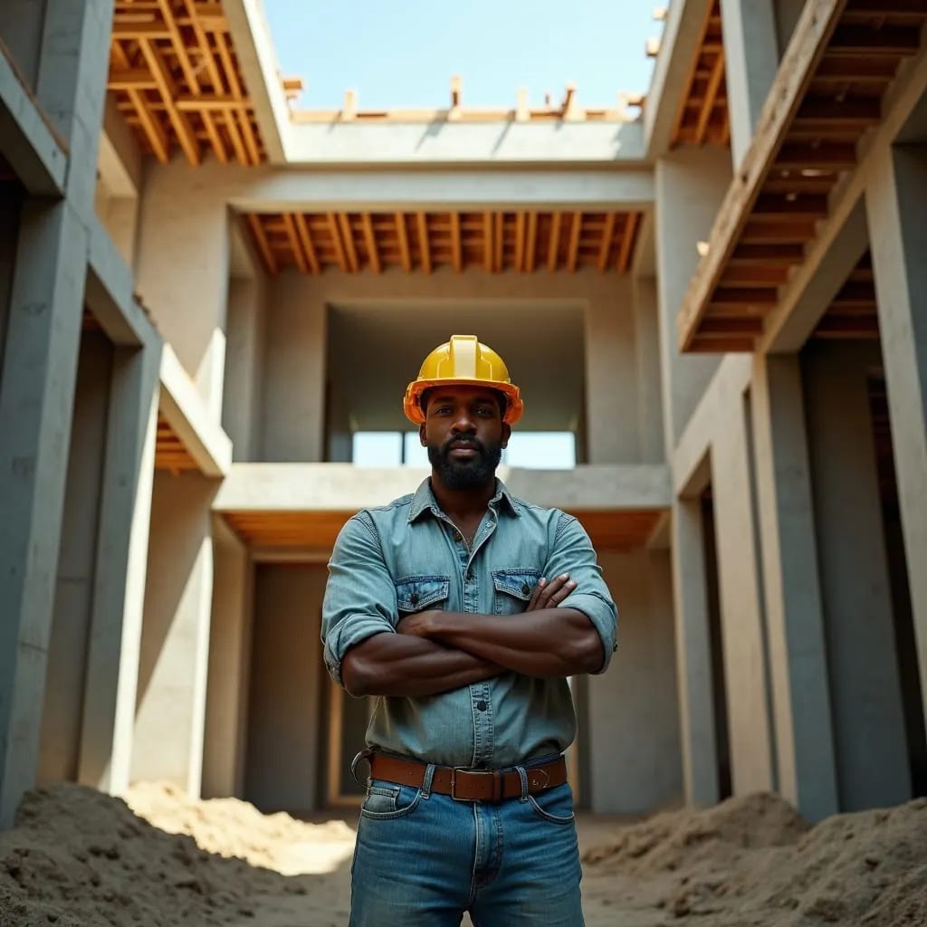 A construction professional stands confidently inside the unfinished shell of a modern concrete home, surrounded by exposed beams, raw structural framing, and natural light pouring through the open roofline. The image captures the ambition and uncertainty that often comes with building from the ground up, reflecting the realities of construction, investment, and homeownership in Jamaica’s evolving housing market. A construction professional stands confidently inside the unfinished shell of a modern concrete home, surrounded by exposed beams, raw structural framing, and natural light pouring through the open roofline. The image captures the ambition and uncertainty that often comes with building from the ground up, reflecting the realities of construction, investment, and homeownership in Jamaica’s evolving housing market.
