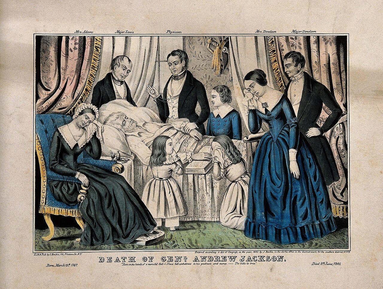 A colored lithograph from 1845 depicting Andrew Jackson dying in bed, surrounded by family members A colored lithograph from 1845 depicting Andrew Jackson dying in bed, surrounded by family members