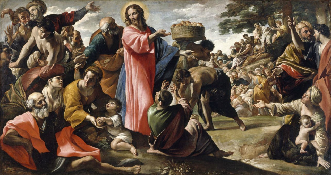 Baroque painting of Jesus blessing and distributing bread and fish to a large crowd gathered outdoors, with disciples assisting, representing the biblical feeding of the multitude.