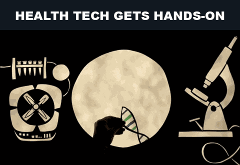 Animated paper science tools with the caption HEALTH TECH GETS HANDS-ON. Animated paper science tools with the caption HEALTH TECH GETS HANDS-ON.