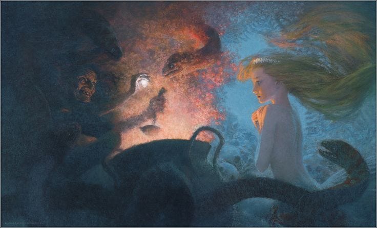 This may contain: a painting of a mermaid with her hair blowing in the wind, surrounded by other sea creatures This may contain: a painting of a mermaid with her hair blowing in the wind, surrounded by other sea creatures