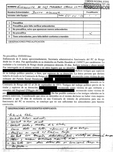 Imagen 3. Ficha de calificación de Comisión Valech I (2005), desclasificada Imagen 3. Ficha de calificación de Comisión Valech I (2005), desclasificada