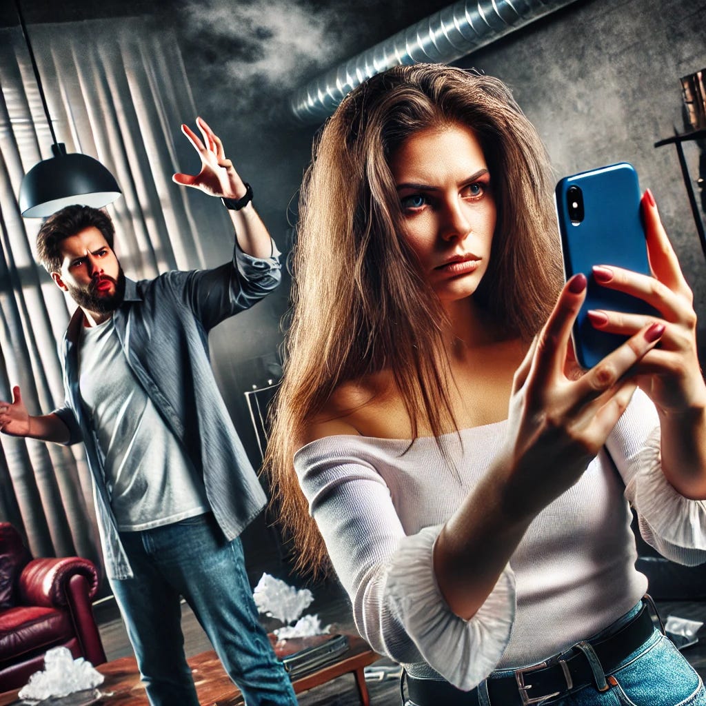 A dramatic scene involving a couple arguing over a selfie. The woman is holding a phone, taking a selfie, while the man stands behind her looking frustrated and angry. The background features a chaotic atmosphere, with the setting being a modern living room with a hint of tension in the air. The scene is filled with exaggerated emotions, emphasizing the drama and conflict over the act of taking a selfie, with both characters in focus and intense facial expressions. A dramatic scene involving a couple arguing over a selfie. The woman is holding a phone, taking a selfie, while the man stands behind her looking frustrated and angry. The background features a chaotic atmosphere, with the setting being a modern living room with a hint of tension in the air. The scene is filled with exaggerated emotions, emphasizing the drama and conflict over the act of taking a selfie, with both characters in focus and intense facial expressions.