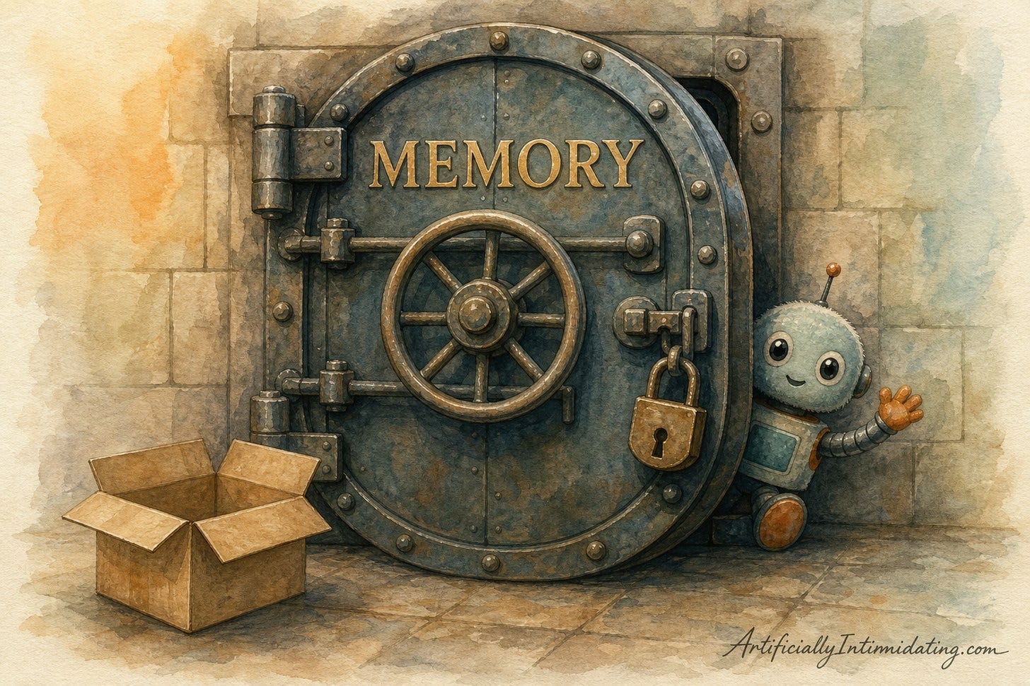 Watercolor of a heavy bank vault door painted with the word MEMORY, shut with a wheel handle and a padlock. An empty cardboard moving box waits on the floor in front, and a plush robot waves from behind the door.