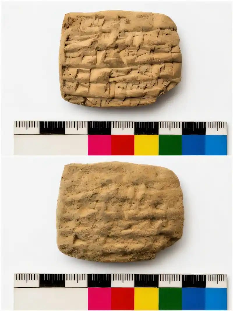 A cuneiform tablet from the Lower Town East palace, shown before and after professional conservation. A cuneiform tablet from the Lower Town East palace, shown before and after professional conservation.