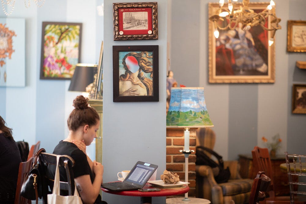 Interior of Amélie’s Bakery. This particular wall features details of Venus from Sandro Botticelli’s   The Birth of Venus  .