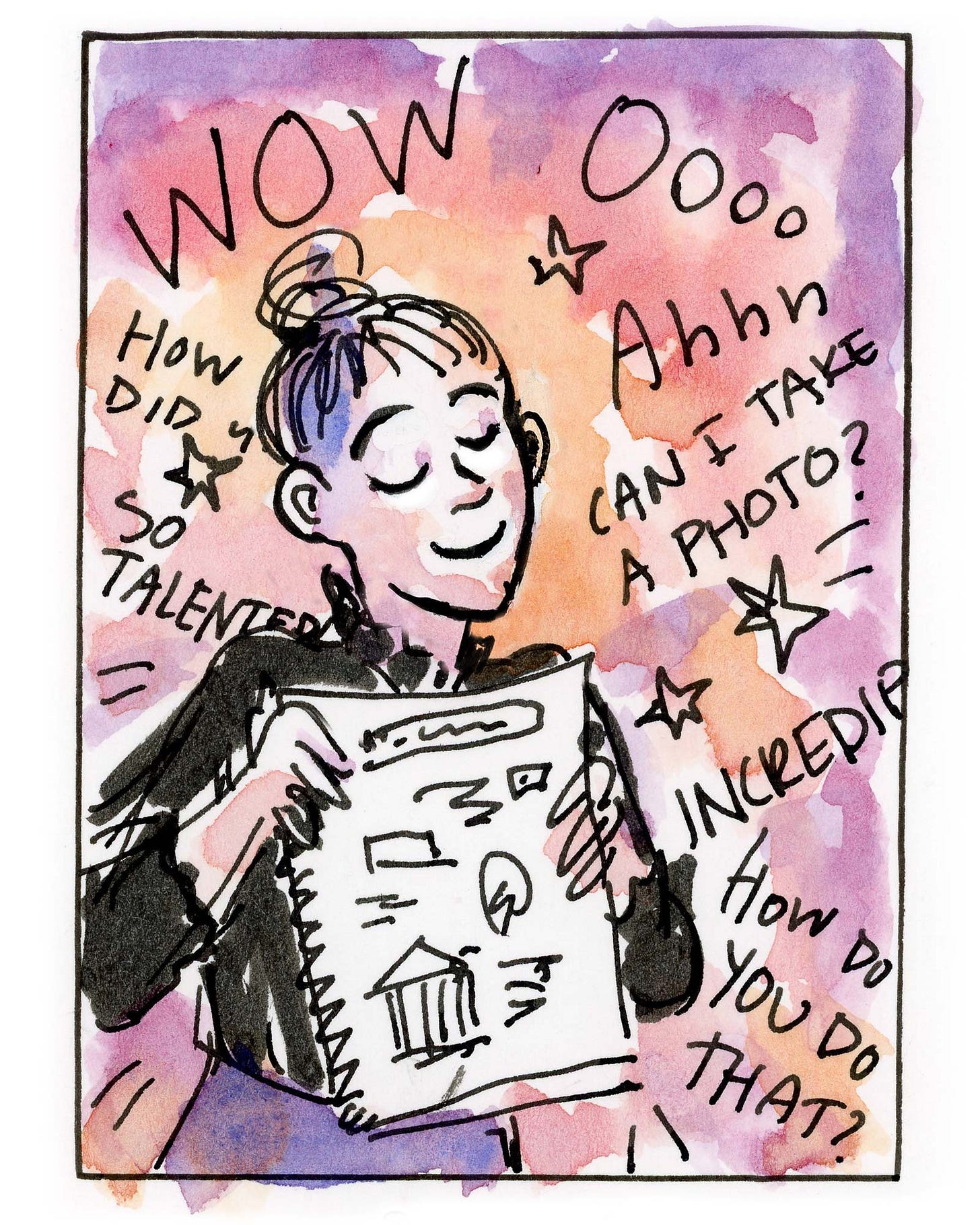 Watercolor comic about visual notetaking by graphic novelist  K. Woodman-Maynard. 