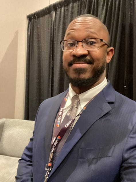 NBC employee ID, Joshua with Lester Holt, Joshua with Joy Reid, New Hampshire Primary ID badge, Joshua wearing badge, Joshua next to his picture in a promotional poster for NBC News NOW, 30 Rock lit up on Election Night 2020, Joshua at the MSNBC anchor desk during COVID-19 coverage