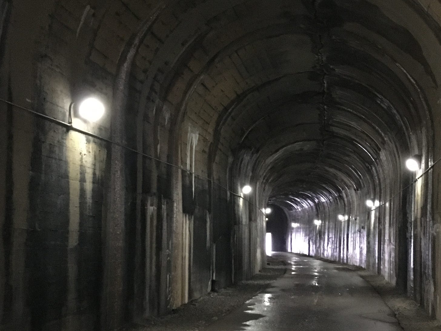 an old tunnel with a few lights along the side; it turns at the end so you can only vaguely see a light on the other side