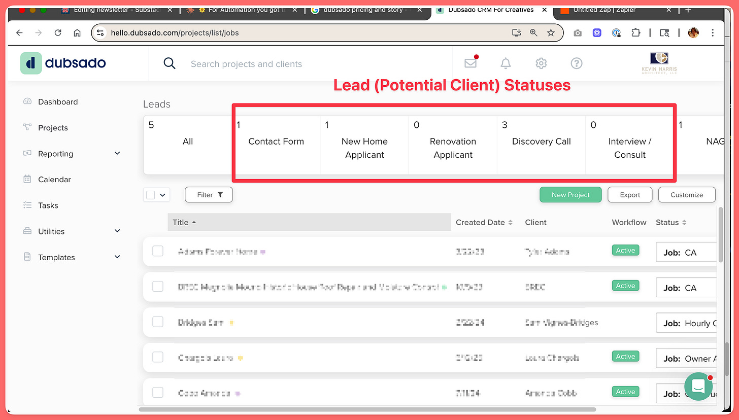 Screenshot of Dubsado CRM interface showing lead statuses including Contact Form, New Home Applicant, Renovation Applicant, Discovery Call, and Interview/Consult with client counts for each status.