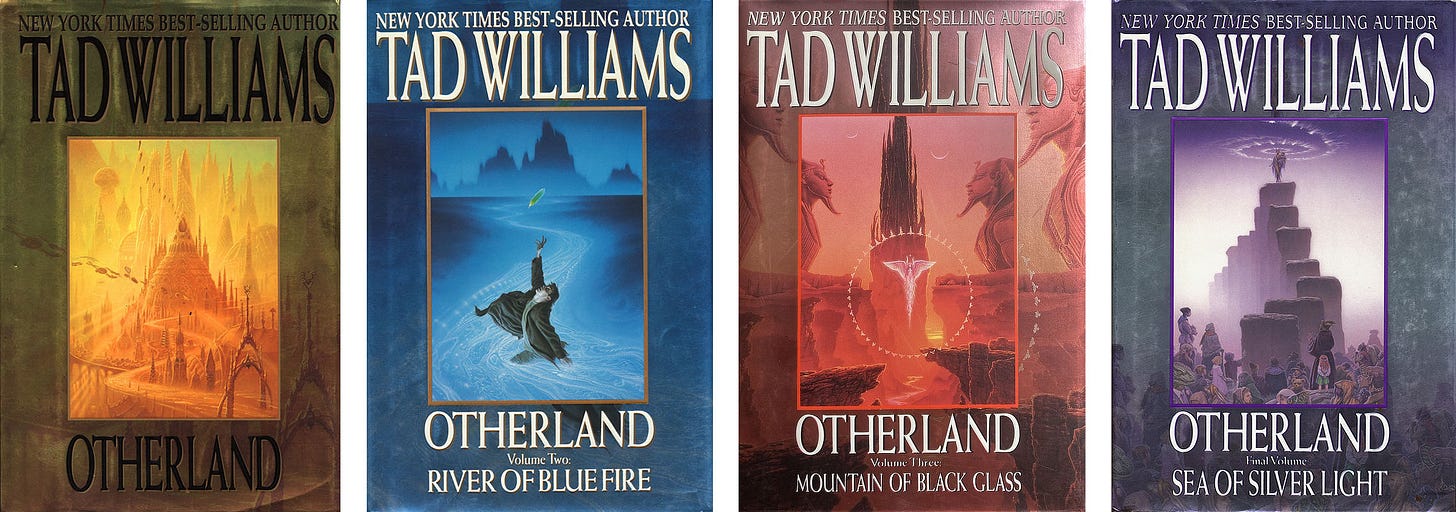 Book covers for the Otherland Series by Tad Williams: CITY OF GOLDEN SHADOWS, RIVER OF BLUE FIRE, and SEA OF SILVER LIGHT. Hard cover editions published by DAW Books.