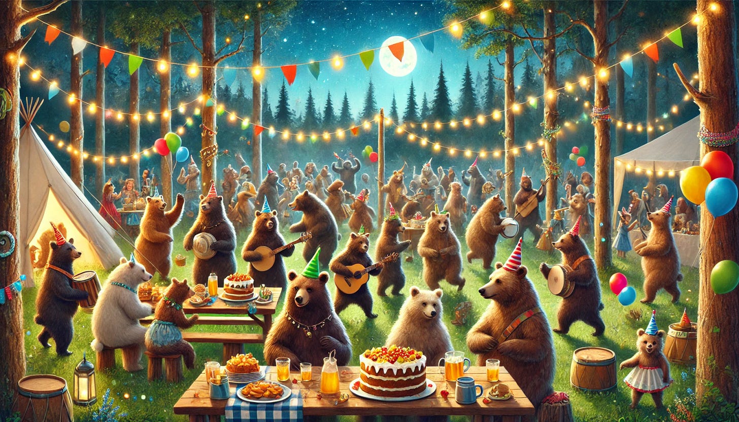 A lively party of bears in a forest clearing during a festive evening. The bears are engaging in various activities such as dancing, eating honey cakes, and playing musical instruments. Some wear festive hats, and the area is decorated with fairy lights hanging from trees, colorful streamers, and balloons. The mood is joyous and welcoming, with a focus on bear camaraderie and fun. The background shows a starry night sky with a full moon peeking through the trees. The setting includes wooden tables laden with food and drinks, and other forest animals joining the festivities. Wide aspect ratio 34:21.