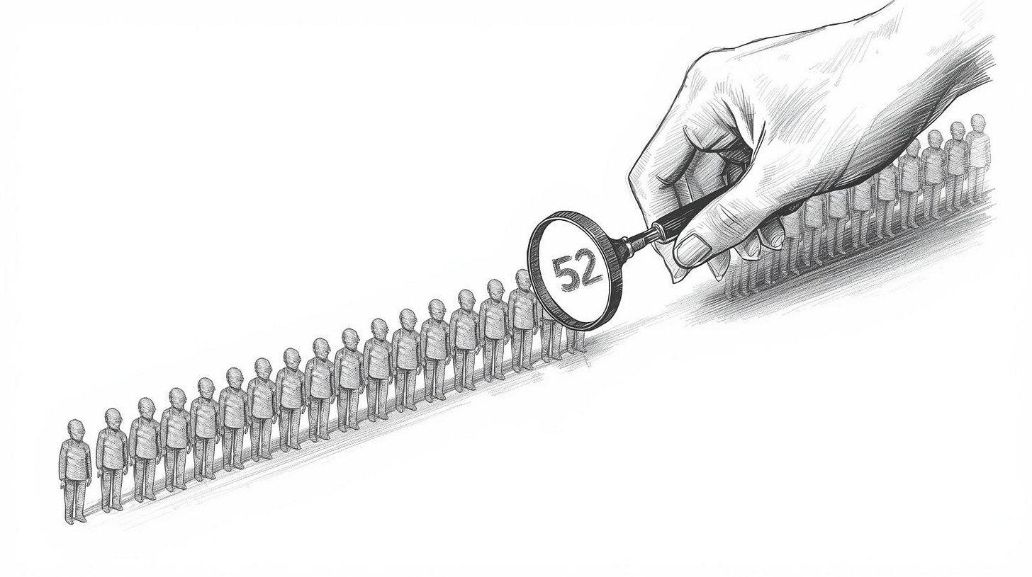 Human hand with magnifying glass hovering over number 52 in a ranked list