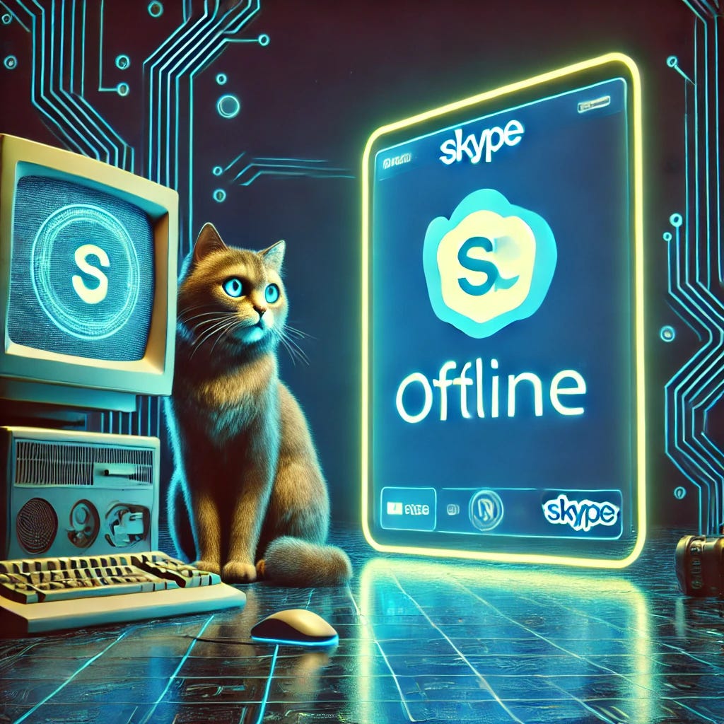 A futuristic digital representation of Skype shutting down, with a neon blue 'Skype Offline' sign and a sad-looking cat sitting next to an old computer. The background is dark with a nostalgic tech vibe.