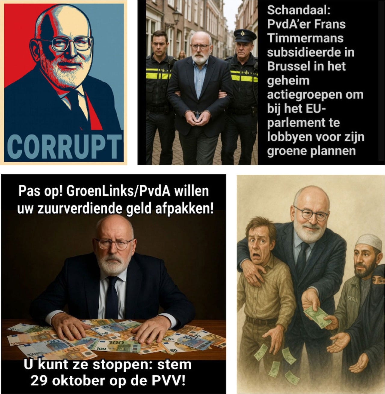 Met AI-gemaakte beelden van Frans Timmermans op de Facebookpagina ‘Wij doen GEEN aangifte tegen Geert Wilders’.