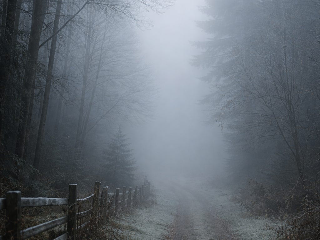 Fog-covered dirt road disappearing into a quiet winter forest at dawn, frost visible along the ground.