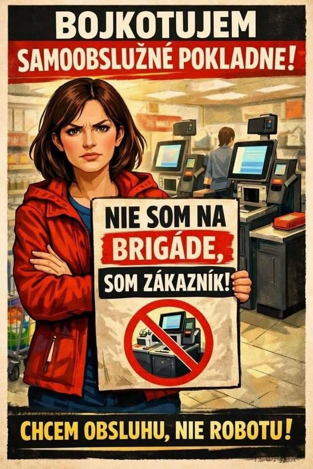 Na obrázku môže byť text, v ktorom sa píše „BOJKOTUJEM SAMOOBSLUŽNÉ POKLADNE! NIE SOM NA BRIGÁDE. TAMNM SOM ZÁKAZNÍK! 1 CHCEM OBSLUHU, NIE ROBOTU!“