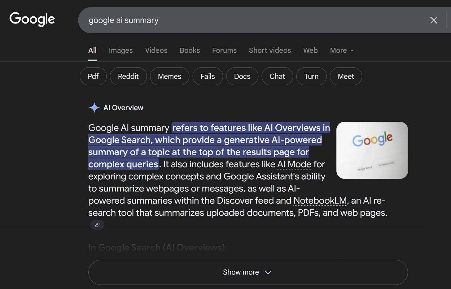 Screenshot of Google Search showing an AI Overview summary explaining how AI Overviews provide generative AI-powered answers at the top of search results.