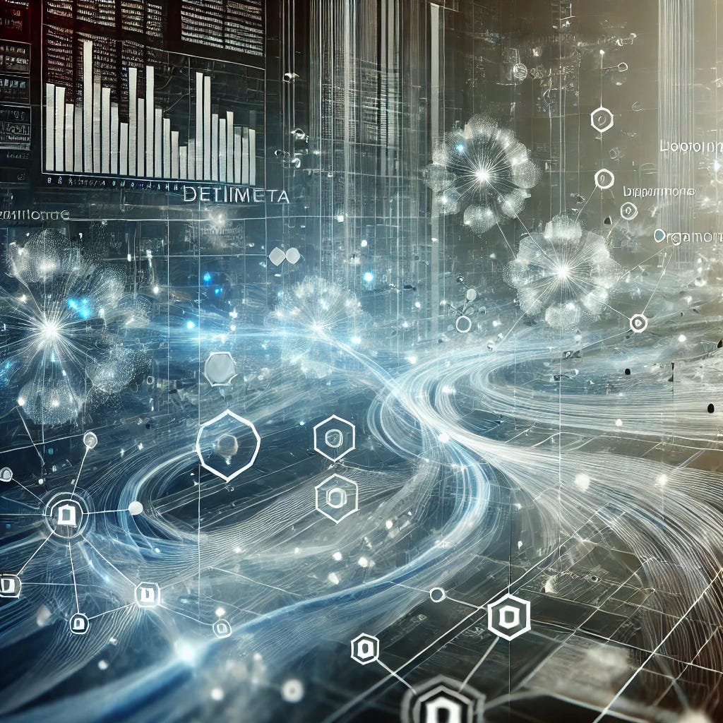 An abstract digital artwork representing the concept of metadata in records management. The image features interconnected data nodes, flowing lines symbolizing information pathways, and layered digital documents with glowing metadata tags. The background has a futuristic, glowing blue and white color palette, evoking technology and organization. The overall style is sleek, modern, and slightly ethereal, conveying the hidden but critical role of metadata in organizing and managing records.