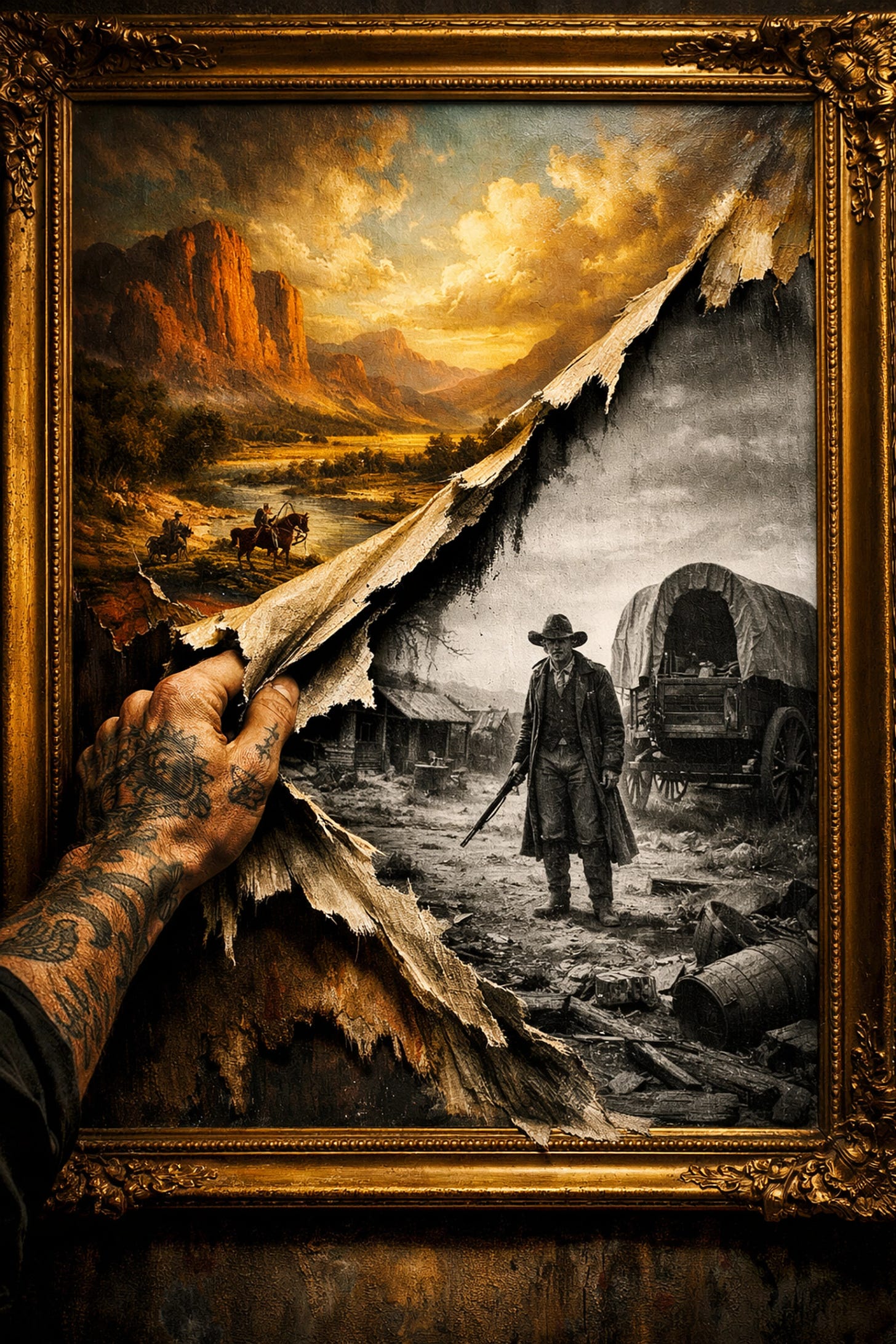 Hand tearing a romanticized painting to reveal gritty realism, symbolizing the dismantling of traditional myths.