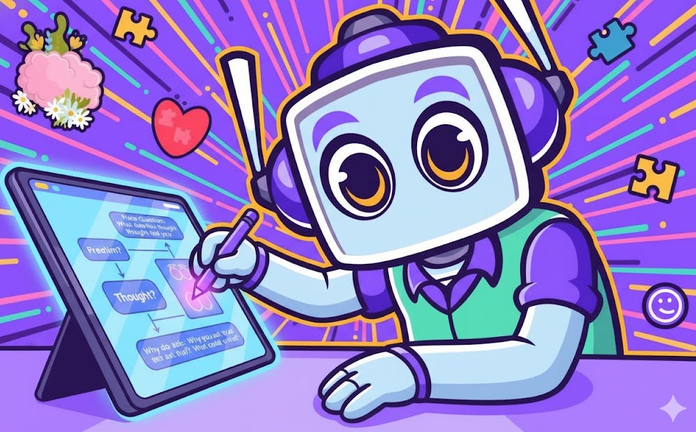 A rectangular, colorful cartoon image featuring the NeuralBuddy character. NeuralBuddy, a light blue robot with large, expressive eyes and no mouth, wears a purple shirt and a teal vest. It is actively writing on a black tablet with a pink stylus, demonstrating a meta-questioning technique within a therapeutic framework. The tablet displays flowcharts with text like "Meta-Question: What are your thoughts about this problem?", "Problem?", "Thought?", and "Why do we act this way? Why do we feel that way? What could we do?". The background is a vibrant purple with colorful radiating lines and elements like puzzle pieces, a heart, a flower bouquet, and a smiley face, all in the character's signature color scheme. A rectangular, colorful cartoon image featuring the NeuralBuddy character. NeuralBuddy, a light blue robot with large, expressive eyes and no mouth, wears a purple shirt and a teal vest. It is actively writing on a black tablet with a pink stylus, demonstrating a meta-questioning technique within a therapeutic framework. The tablet displays flowcharts with text like "Meta-Question: What are your thoughts about this problem?", "Problem?", "Thought?", and "Why do we act this way? Why do we feel that way? What could we do?". The background is a vibrant purple with colorful radiating lines and elements like puzzle pieces, a heart, a flower bouquet, and a smiley face, all in the character's signature color scheme.