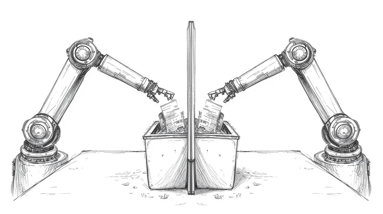 Two robotic arms exchanging and shredding resumes, facing a mirror