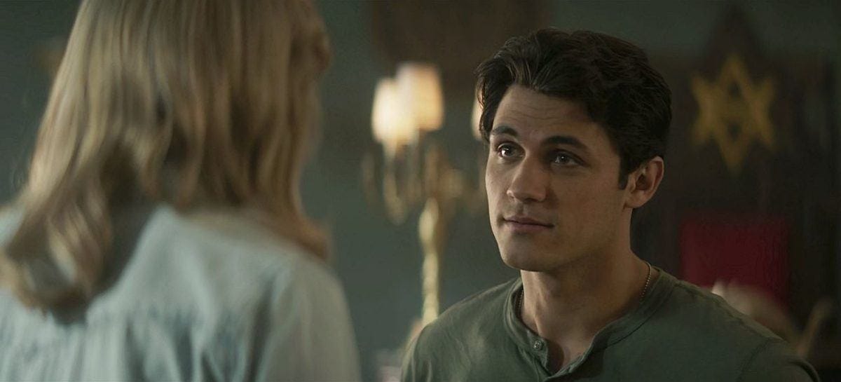 Drake Rodger looking deep into Meg Donnelly eyes on The Winchesters set 1.09 Drake Rodger looking deep into Meg Donnelly eyes on The Winchesters set 1.09