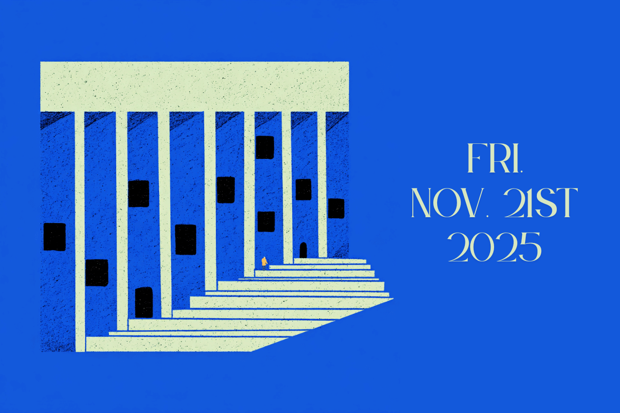 A stylized graphic for the “In Other Words” puzzle section, featuring a minimalist architectural illustration of a building with tall columns and a wide staircase. Scattered across the building’s facade are small rectangular blocks reminiscent of a Wordle grid. To the right, text reads “FRI. NOV. 21ST 2025.”