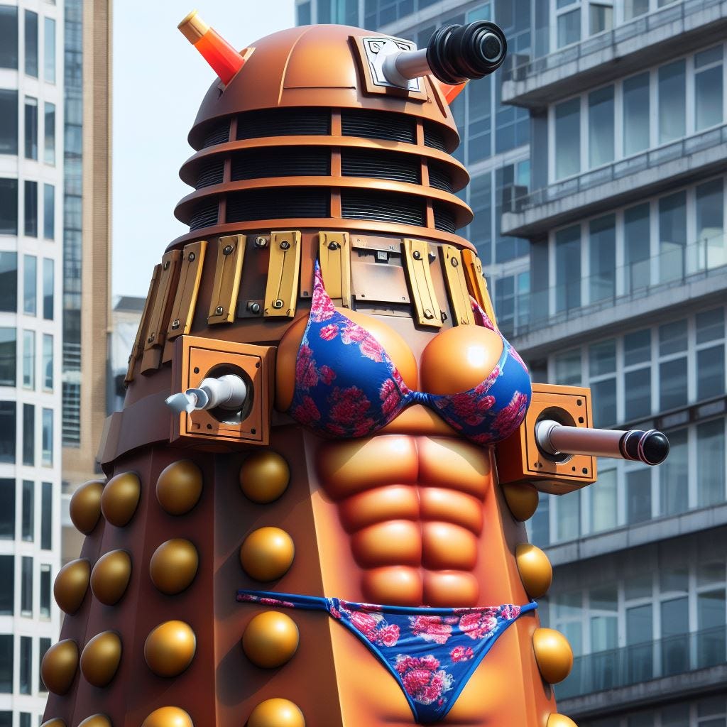 davros from dr who stood outside his dalek body, wearing a bikini on his bottom half