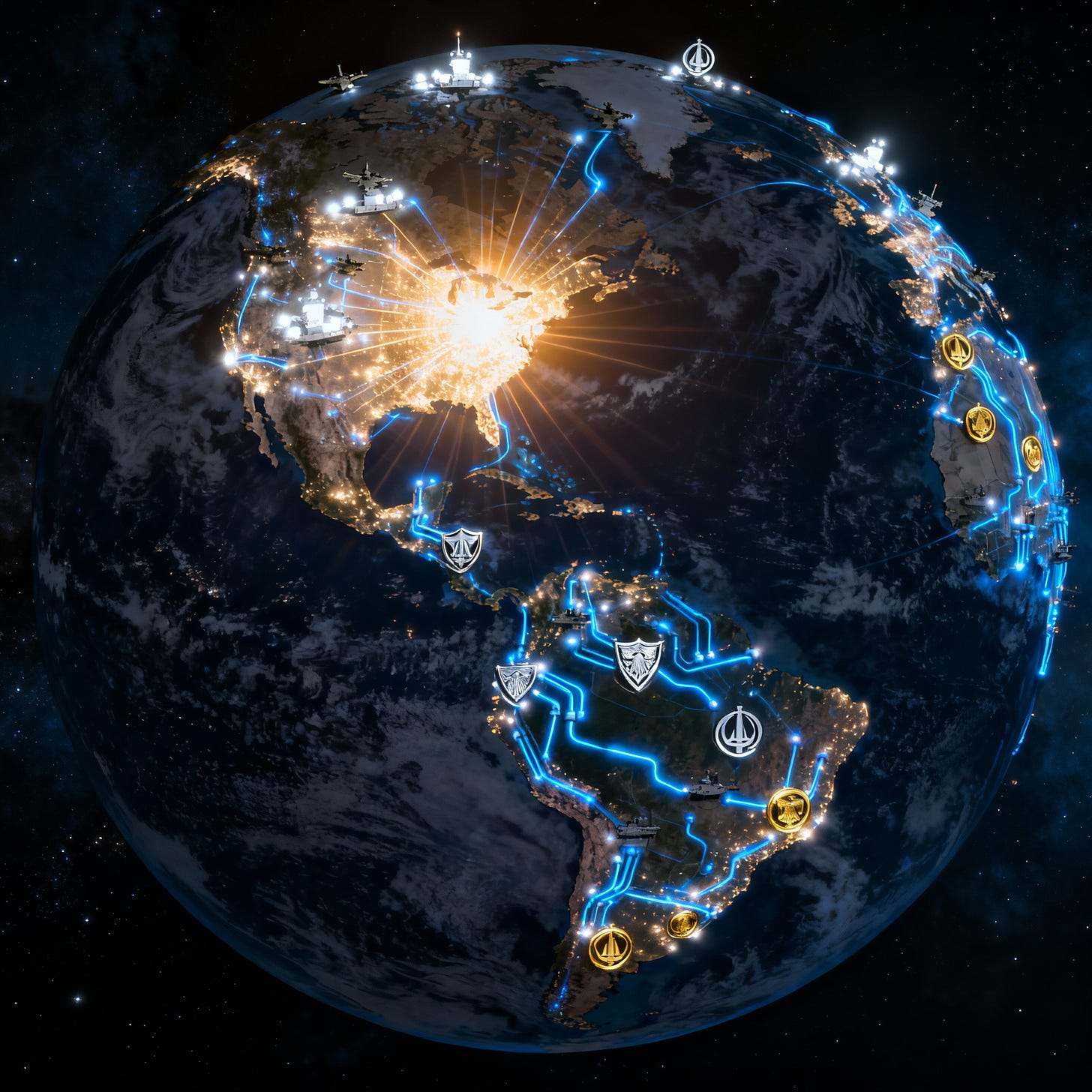 Hyper-realistic satellite globe at night with glowy networks from North America