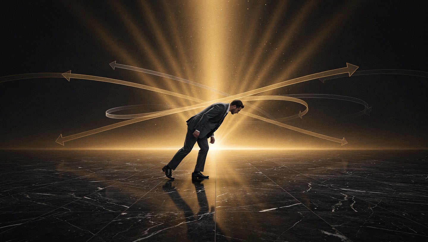 A photorealistic conceptual editorial image. A lone human figure in a dark business suit stands on a vast, dark marble floor, visibly leaning forward at an angle — as if pulled by an invisible force. Dramatic golden light rays emanate from a single vanishing point on the horizon, drawing the figure toward it. Around the figure, faint translucent arrows curve through the air like gravitational field lines, all converging toward the same glowing point. The atmosphere is cinematic and metaphysical — like gravity made visible. The mood is tense, inevitable, and powerful. Shot on 35mm lens, deep shadows, chiaroscuro lighting, color palette: deep black, molten gold, and dark charcoal. No text. 16:9 aspect ratio, ultra-realistic, 8K. A photorealistic conceptual editorial image. A lone human figure in a dark business suit stands on a vast, dark marble floor, visibly leaning forward at an angle — as if pulled by an invisible force. Dramatic golden light rays emanate from a single vanishing point on the horizon, drawing the figure toward it. Around the figure, faint translucent arrows curve through the air like gravitational field lines, all converging toward the same glowing point. The atmosphere is cinematic and metaphysical — like gravity made visible. The mood is tense, inevitable, and powerful. Shot on 35mm lens, deep shadows, chiaroscuro lighting, color palette: deep black, molten gold, and dark charcoal. No text. 16:9 aspect ratio, ultra-realistic, 8K.