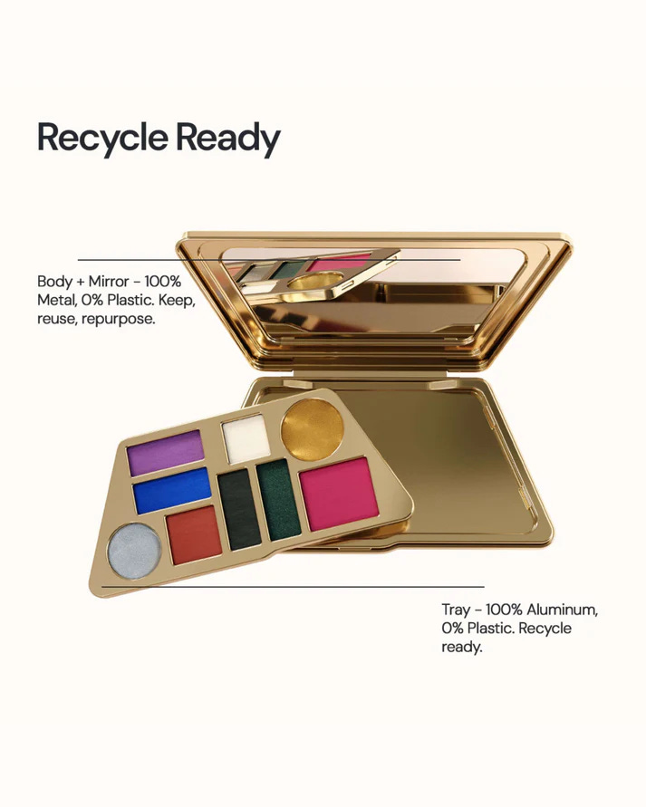 The colorful eyeshadow palette in its golden metal case with a mirror. Shadow swatches on three different skin tones.