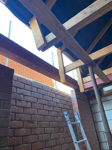 roof tiles removed from garage and steels in positon