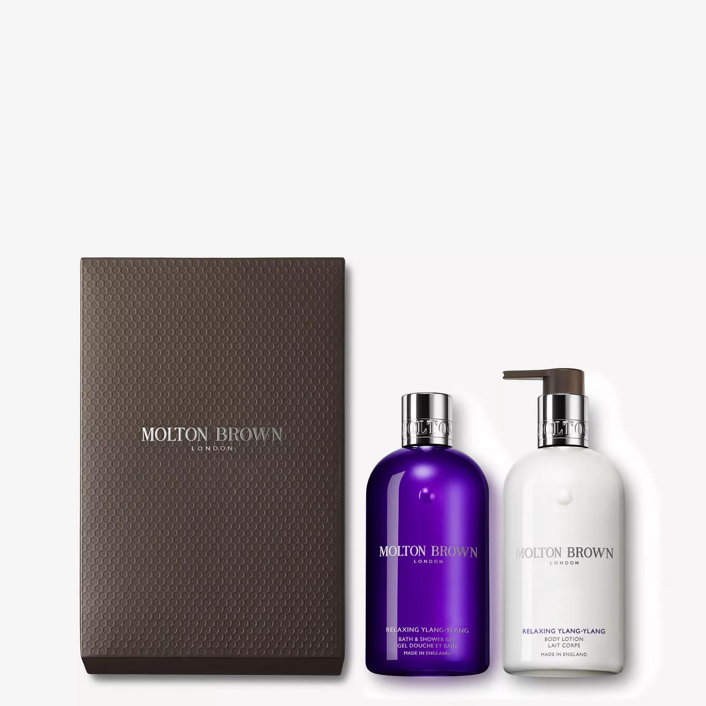Studio image of Molton Brown Relaxing Ylang-Ylang Shower Gel & Lotion Gift Set