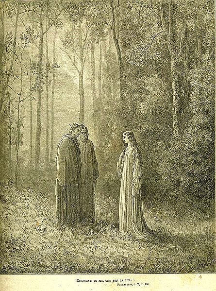 Image of Dante and Virgil encountering Pia in a wooded area Image of Dante and Virgil encountering Pia in a wooded area