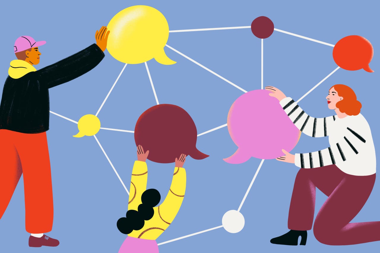 Illustration of three people connecting through colorful speech bubbles on a network. Illustration of three people connecting through colorful speech bubbles on a network.