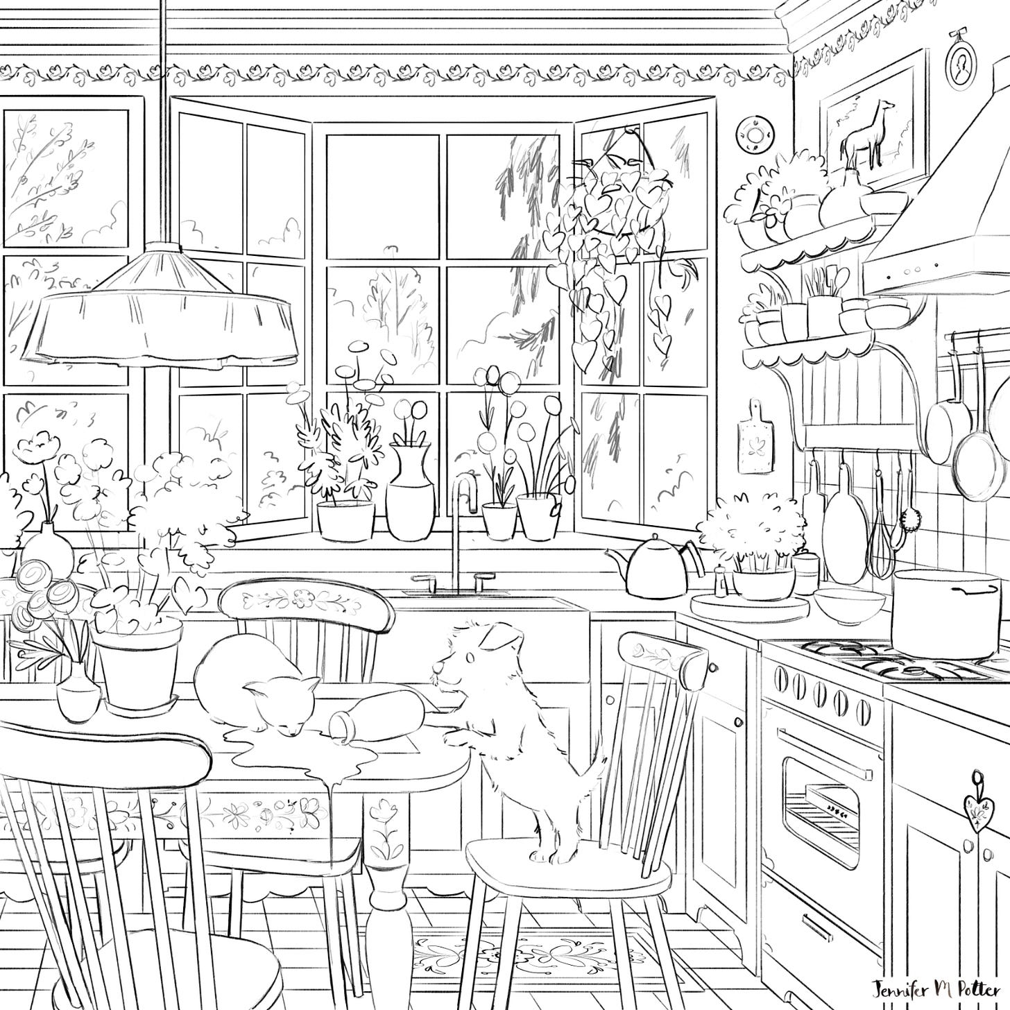Line art for Springtime Kitchen puzzle