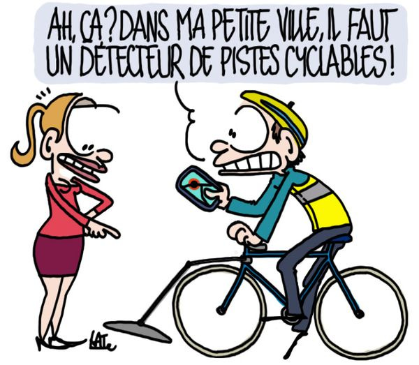 Dessin de presse montrant un cycliste ayant besoin d'un radar pour repérer les pistes cyclables.