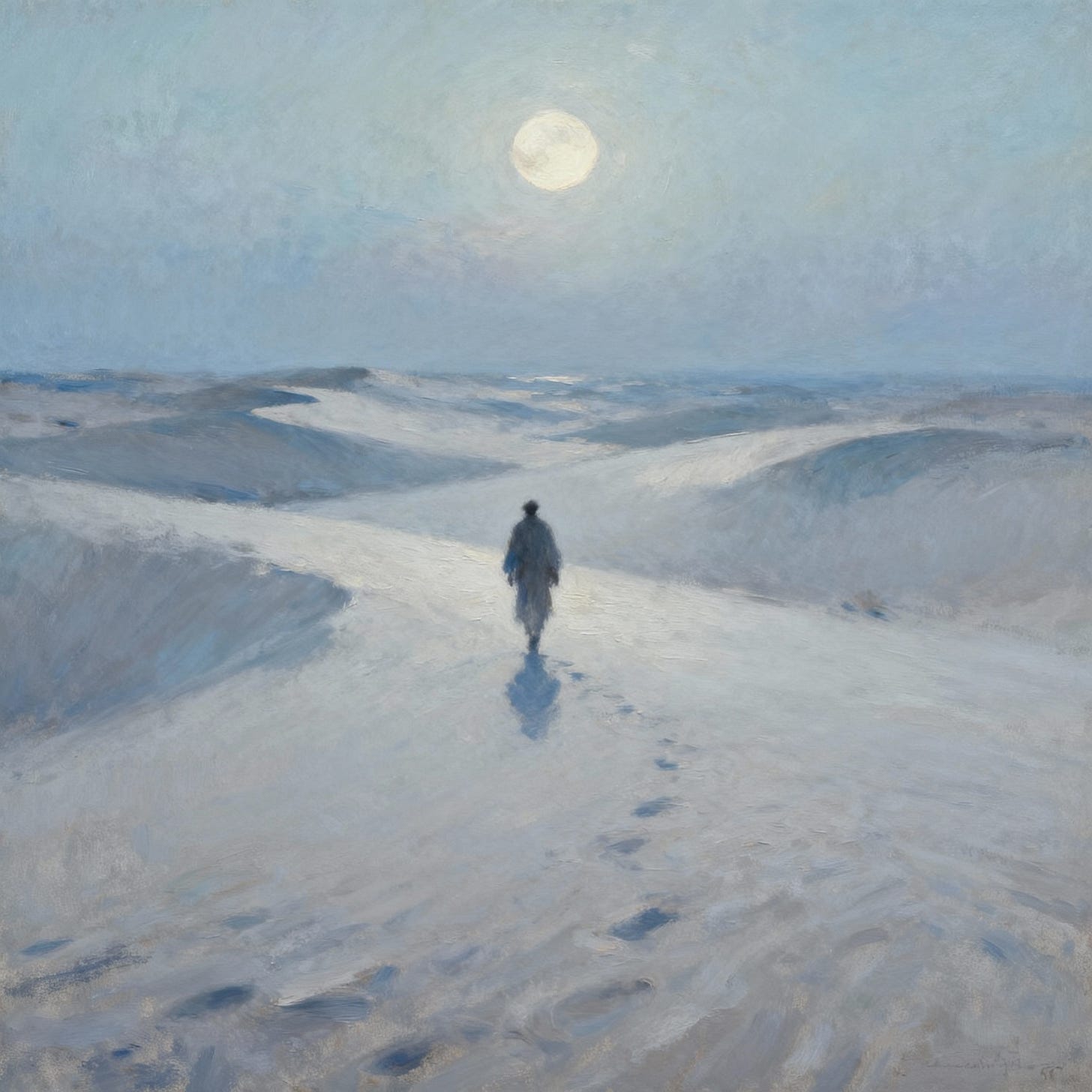 Impressionist painting of a traveler in a desert under soft moonlight.