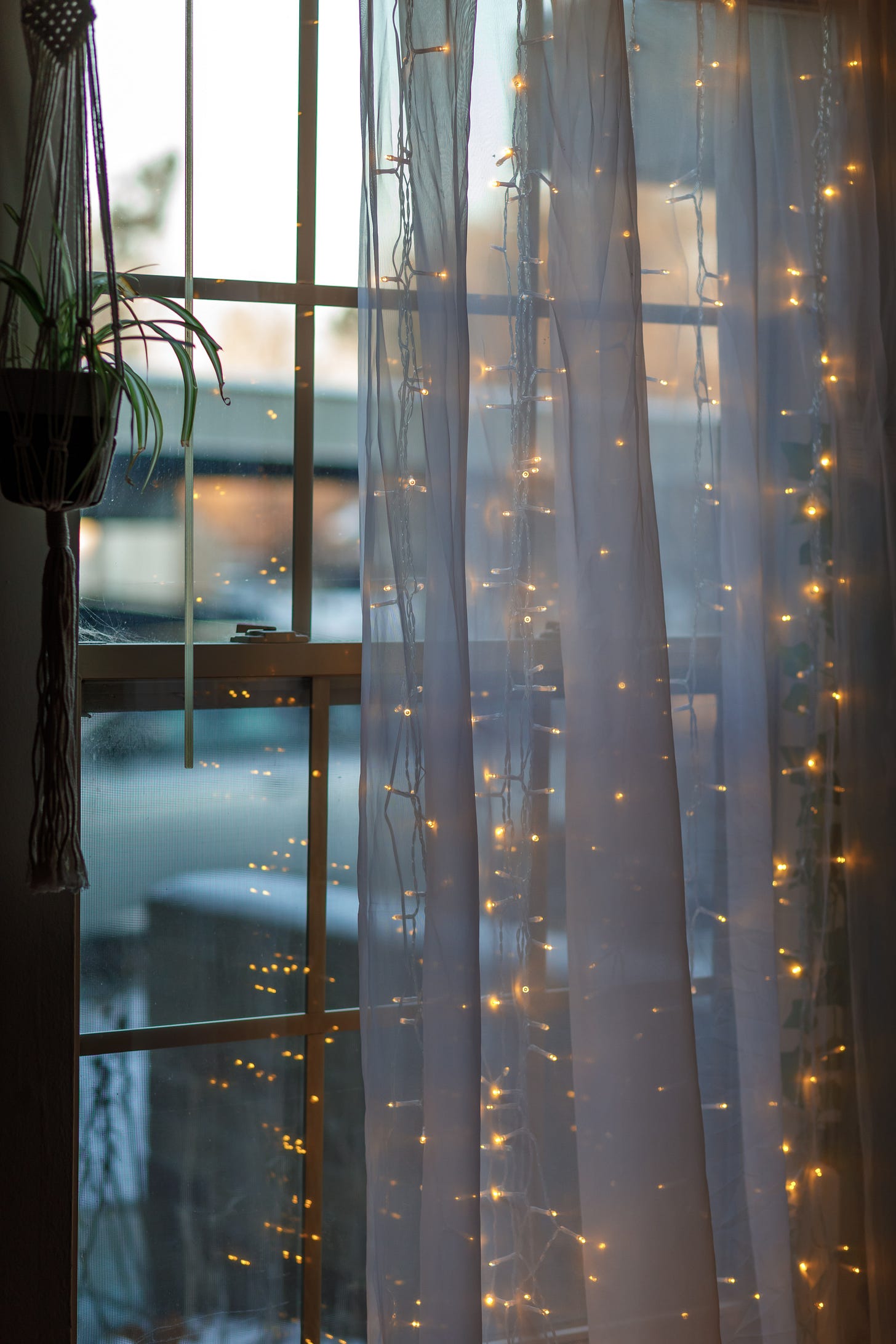 A window with a sheer curtain and fairy lights