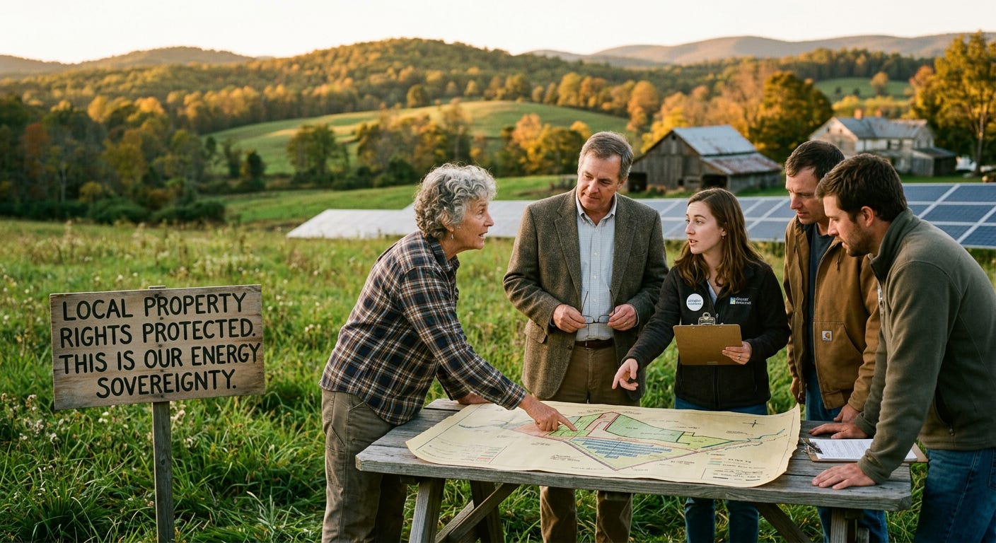 A group of five diverse individuals (landowners, local officials, advocates) cluster intently around a map on a table in a grassy field at sunset, engaged in a dynamic, respectful conversation about a proposed rural clean energy project. In the background, solar panels are integrated with farmland and a sign reads "PROPERTY RIGHTS." A group of five diverse individuals (landowners, local officials, advocates) cluster intently around a map on a table in a grassy field at sunset, engaged in a dynamic, respectful conversation about a proposed rural clean energy project. In the background, solar panels are integrated with farmland and a sign reads "PROPERTY RIGHTS."