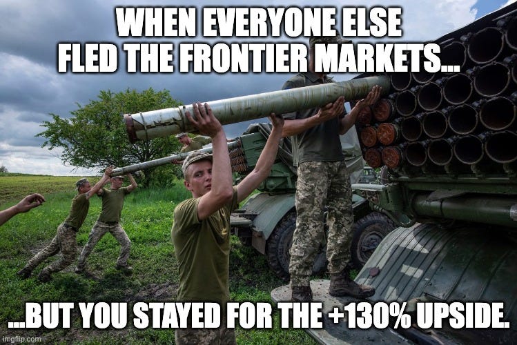 Funny investing meme from Beating the Tide deep dive showing soldiers loading rockets with caption ‘When everyone else fled the frontier markets… but you stayed for the +130% upside,’ symbolizing holding through geopolitical risk for emerging market telecom gains.