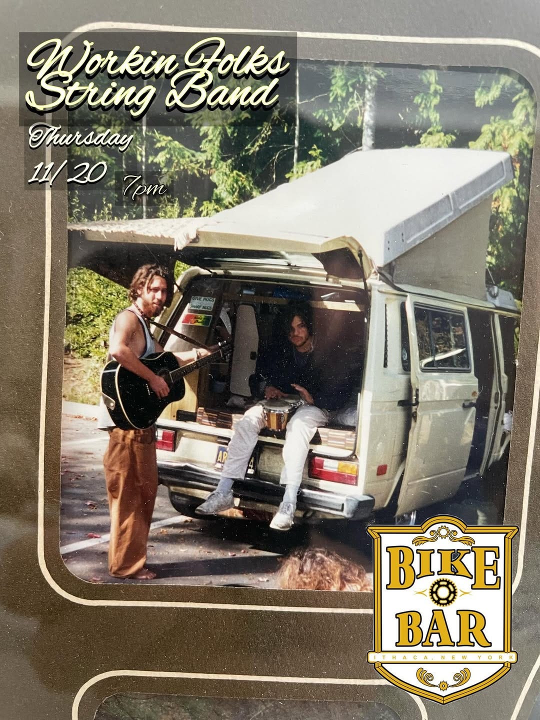 May be an image of guitar, van and text that says 'Workin Folks String Band Thursday 11/20 7pm BIKE BAR THABANNENYORD RK W Co'