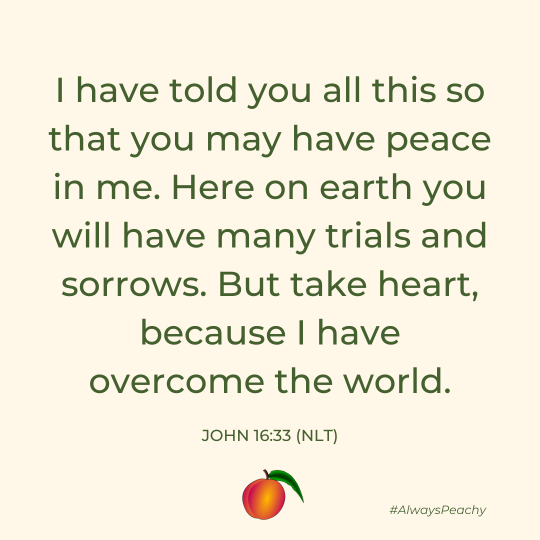I have told you all this so that you may have peace in me. Here on earth you will have many trials and sorrows. But take heart, because I have overcome the world. (John 16:33) 