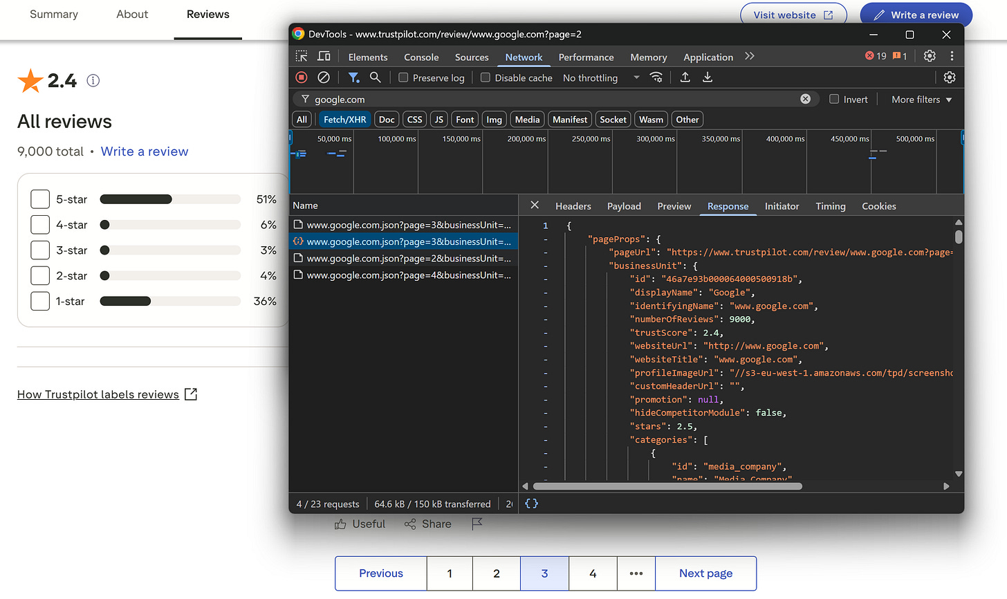 The API called by Trustpilot when clicking the “3” pagination element on Google.com reviews page