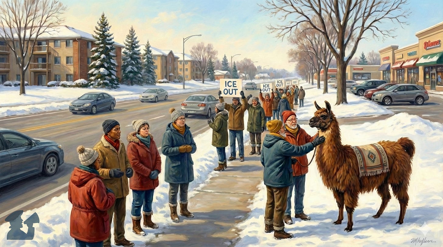 An oil painting shows a winter protest on a snow-covered suburban sidewalk. Several people in warm clothing hold white signs with the text 'ICE OUT'. Others stand in a line waiting to pet a large brown llama wearing a patterned blanket, which is being handled by a man in a red hat. In the background are apartment buildings, shops, and cars on a wet road under a partly cloudy sky. The painting has visible brushstrokes.