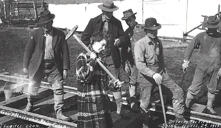 Martha "Babe" White drove the first spike on the Anchorage link of the Alaska Railroad in 1915.