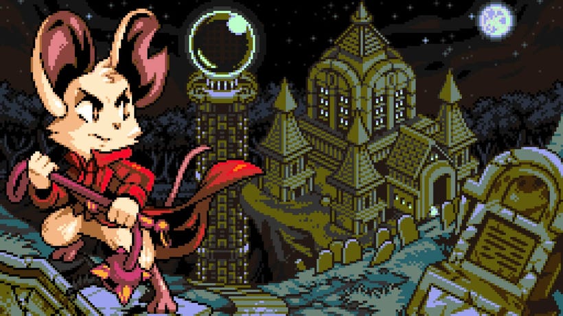 An adorable mouse holds a deadly mace in front of a Gothic fantasy world