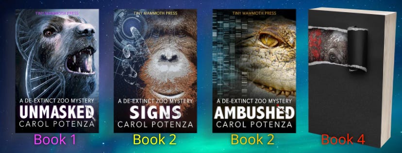 Four covers for the de-extinct mystery series with a bear, ape, croc, and reveal showing a rhino's eye Four covers for the de-extinct mystery series with a bear, ape, croc, and reveal showing a rhino's eye
